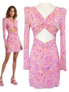 LoveShackFancy Nanita Mini Dress Pink Marble Cut-Out Long Sleeve S